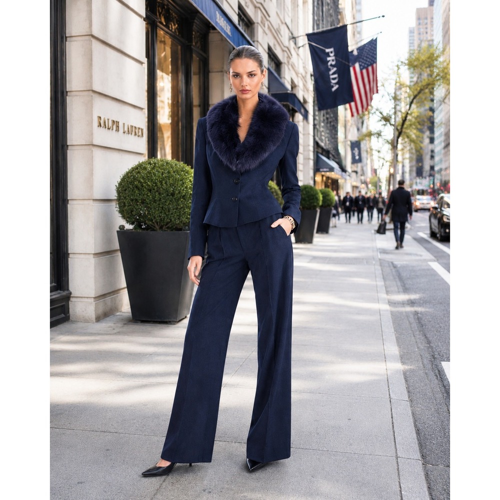 Alberto Makali 90s‎ Eggplant Pant Suit Fox Fur Collar Wide Leg Trousers